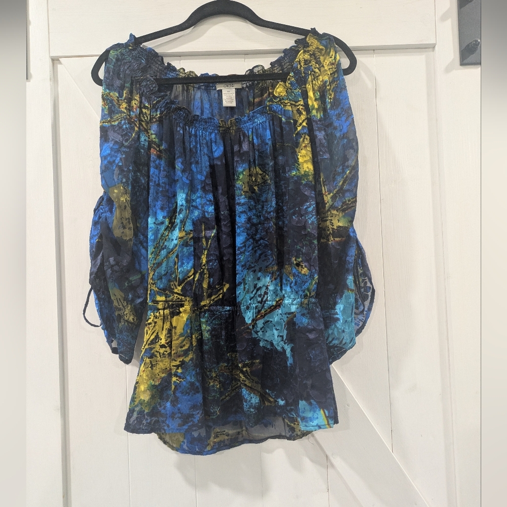 Cache Women's Blue & Yellow Printed Peasant Blouse